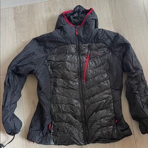 Black Hooded Puffer Jacket with Red Trim